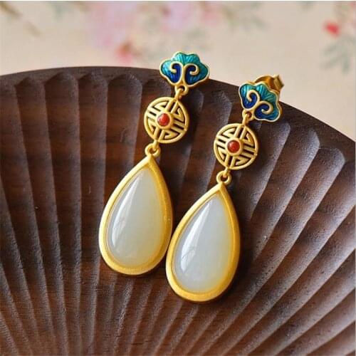 New Arrival Jade Water Drop Leaf Flower Earrings For Women Jewelry Quality 925 Silver Earrings Female Gold Ear Accessories Gift