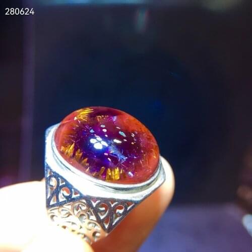 Genuine Natural Auralite 23 Cacoxenite Adjustable Ring Cacoxenite Purple Red 12x8mm Oval Canada 925 Sterling Silver AAAAAA
