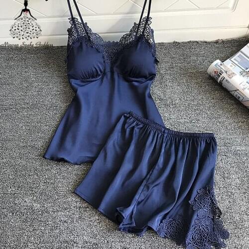 Pajamas Set Sexy Silk Satin Lace Sleeveless Pyjamas Set Women Summer Sleepwear Nightwear Lingerie Female Home Wear With Pad