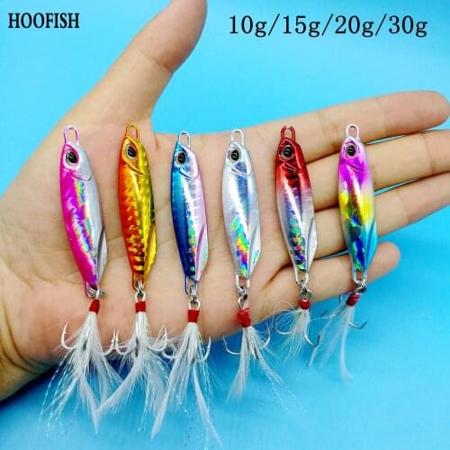 HOOFISH 12PCS/LOT Metal Casting Jig Spoon Fishing Lure 10g/15g/20g/30g Jigging Spoon Bait with Feather Hook Isca Artificial Lure