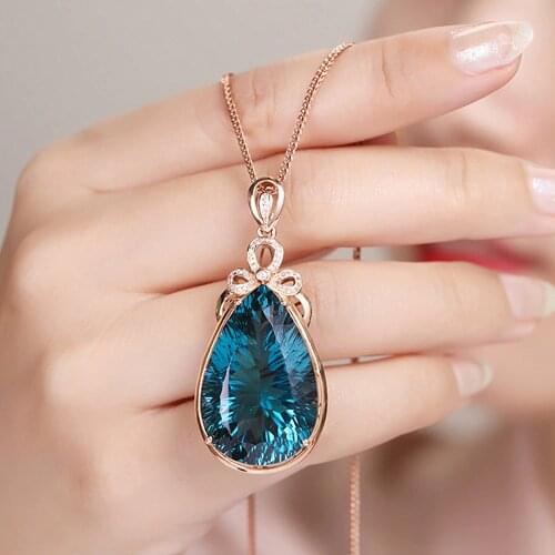 Luxury Big 6 Carats Blue Crystal Sapphire Gemstones Diamonds Pendant Necklaces for Women Rose Gold Color Choker Jewelry Bijoux