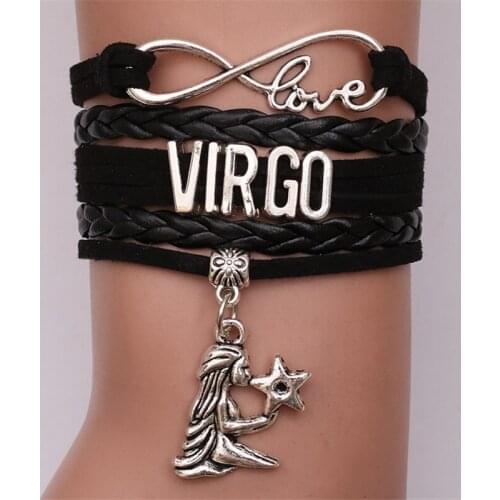 Handmade Retro Women Bracelet Constellation Pendant Black Charm leather Bracelet Creative Jewelry For Women Men Bileklik