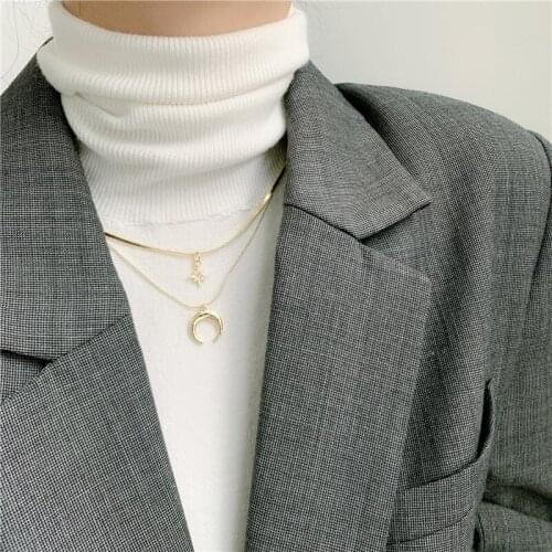 U-Magical Unique Design Double Layer Moon Star Pendant Necklace for Women Fairy Rhinestone Metallic Chain Necklace Jewelry