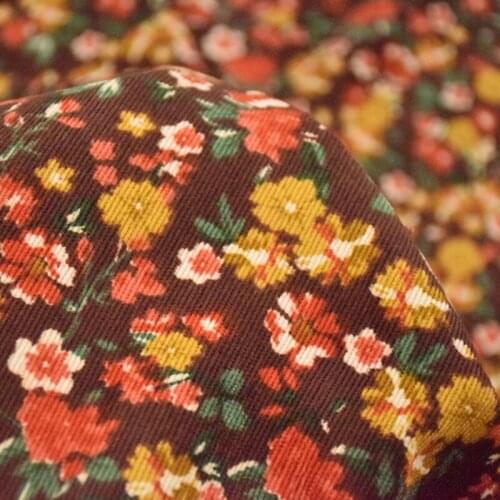Half Meter Coffee Bottom With Sweet Flower Print Cotton Corduroy Fabric For Autumn Winter Dress Trousers Children Coat Surface