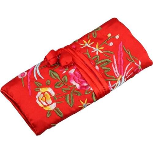 Oriental Silk Jewelry Roll Wrap Embroidery Jewellery Pouch Organizer Travel Ornaments Storage Case