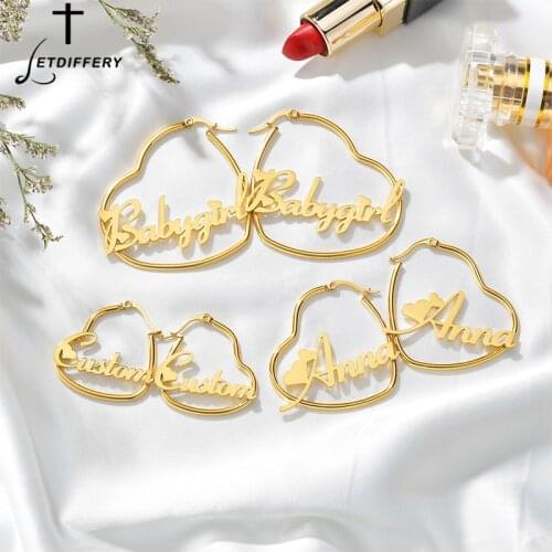 Letdiffery High Quality Personalized Heart Earring Name Custom Letters Drop Fashion Dangle Earrings Women Stainless Steel Party