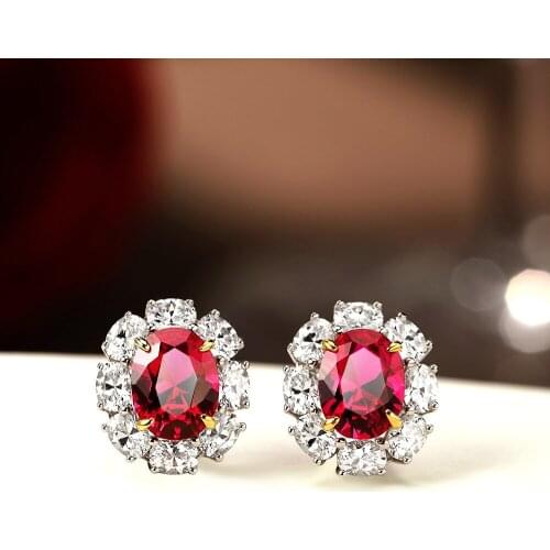Top Quality Solid 925 Sterling Silver 7*9MM Ruby Diamond Earrings for Women White Gold Color Stud Earrings Fine Jewelry Gift