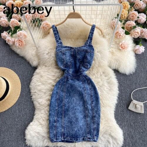 2021 Chic Denim Dress Womens Summer Short Dress New Design Sleeveless Spaghetti Strap Open Back Slim Fit Sexy Party Jeans Dress