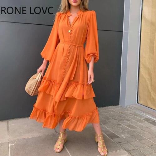 Women Ruffles Frill Hem Lantern Sleeve Button Front Dress Casual Dress Summer Dress