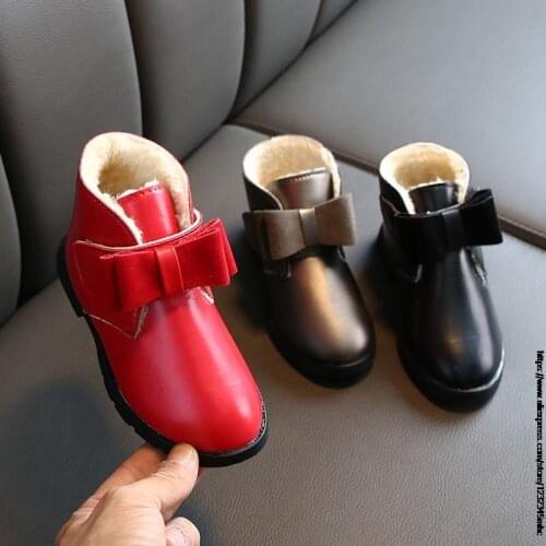 Girl Winter Boots Fashion Dress Shoes With Fur Kids Snow Boots Girls Bow Tie Boots Children Warm Boots For School Party