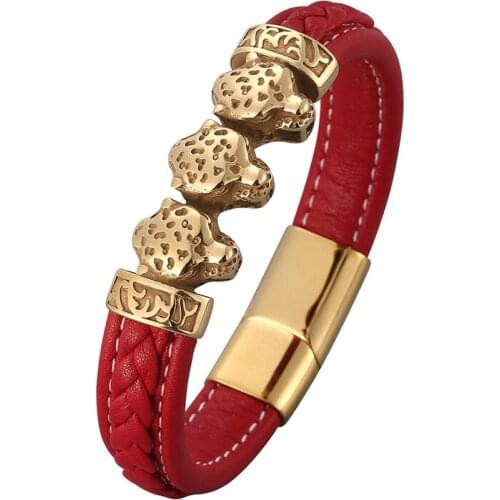 Golden Stainless Steel Leopard Head Bracelets Men Red Leather Wristband Magnetic Buckle Bangles Punk Rock Male Jewelry PD0842