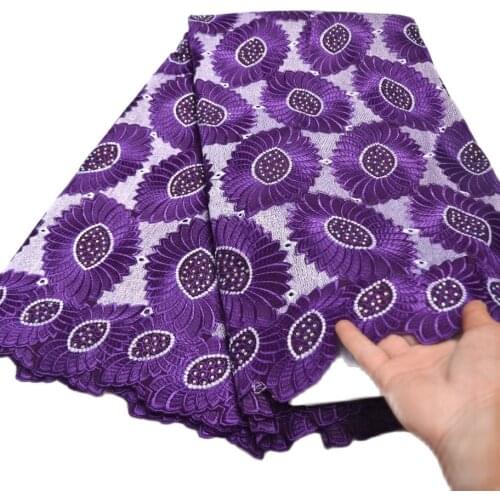 5 Yards Purple High quality Big heavy African wedding lace Fabric 2021 with stones embroidered Swiss Voile Lace-N88136