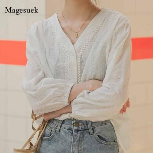 White Tops Vintage Autumn Long Sleeve Cotton Shirt Chic Office Lady Woman Shirt 2020 V-neck Womens Tops and Blouses Blusas 10956