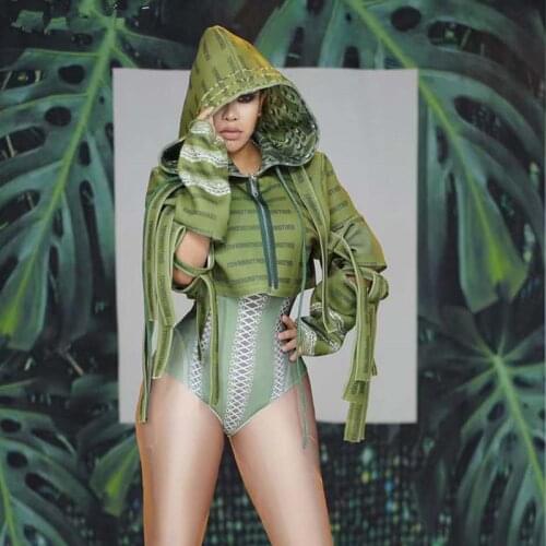 Army Green 3D Printed Bodysuit Hollow Out Jacket Bar Nightclub Female Singer Stage Costume Festival Party Jazz Dane Team Outfit