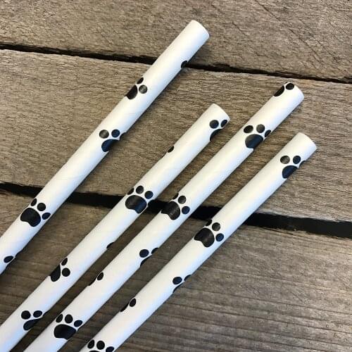 Dog Theme Paw Print Paper Drinking Straws Black White Wedding Decoration Party Decor Baby Shower Supplies Disposable