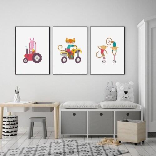 Children Cartoon Cycling Animals Wall Art Canvas Painting Nordic Posters and Prints Wall Pictures for Living Bedroom Decoration