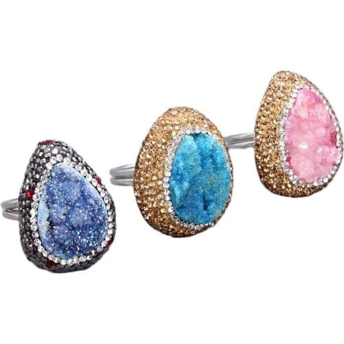 GG Jewelry Blue Pink Druzy Crystal Quartz Trimmed with Golden Macarsite Rings