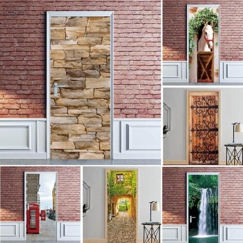 Simulation Brick Door Sticker Adhesive Removable Wallpaper Waterproof Poster Wall Art Mural Decals Home Decor autocollant porte