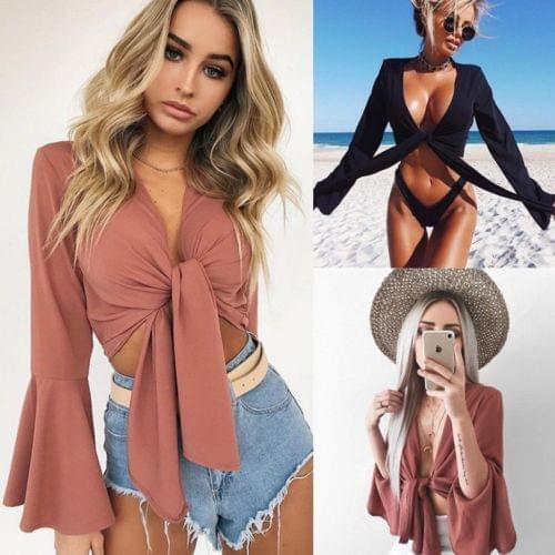 Summer Womens Shirts Fashion Butterfly Sleeve Lace Up Bandage Sexy Short Shirts Ladies Casual Banded Solid Color Tops