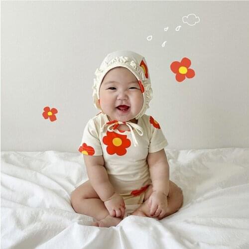 Summer Baby Jumpsuit South Korean Cotton Printed Flower Cute Short Sleeve Neutral Triangle Hip Climbing Suit Hat 2021 New Style