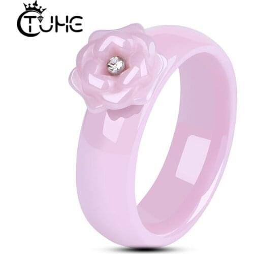 Cute Rings Jewelry With Pink Flower One Bling Crystal Full Pink Ceramic Rings Never Fade Healthy Material Wedding Rings Gift