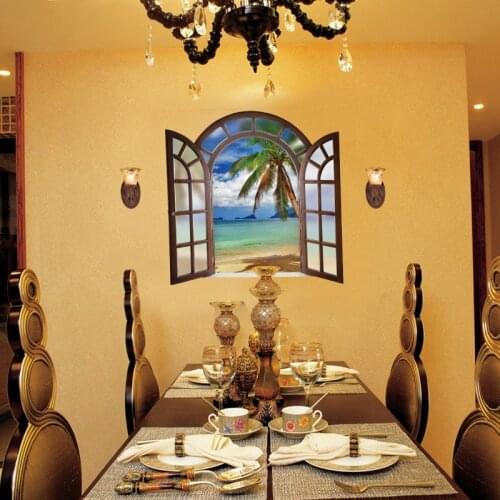 Sea Beach Coconut Scenery Wall Stickers For Bedroom Living Room Home Decoration Diy 3d Fake Window Wall Mural Art Pvc Decals