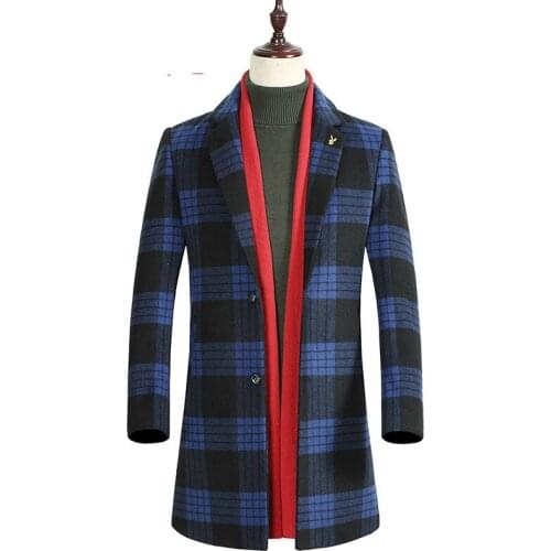 Mens Lapel Collar Long Woolen Cashmere Blended Coats Outwear Plaid Check Thicken Parkas Overcoats
