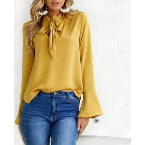 2018 New Fashion Women Tops Long Sleeve Bow flare sleeve Lady Basic Tee blusas Solid Color Tops 4 colors S M L XL XXL Size
