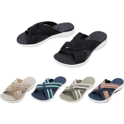 New Soft-soled Platform Wedge-heel Flying Knit Cross-over Ladies Sandals,Slip On Slides Sandals ,Comfy Cross Slide Sandals Shoes