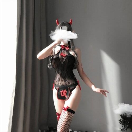 Autumn New Sexy Lingerie Perspective Lace One-piece Net Dress Bow Knot Little Witch Uniform Temptation Cosplay Cute Girl Suit