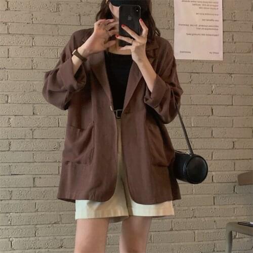 One Button Spring Blazer Jackets Women Notched Collar Loose Cotton Linen Coats Casual Outwear Pockets Long Sleeve Vintage