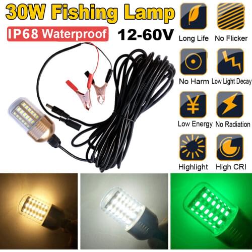 30W 12V-60V Underwater Fishing Green Light 108pcs 2835 LED Underwater Fishing Light ures Fish Finder Lamp Attracts Prawns Squid