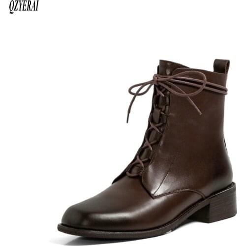 QZYERAI Ankle boots Female boots Genuine leather black brown Womens boots Autumn and winter Womens shoes Size 34-40