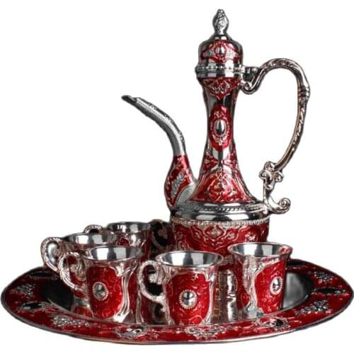 Russian color tin wine set set, large size wine pot, wine glass tray, Red Castle