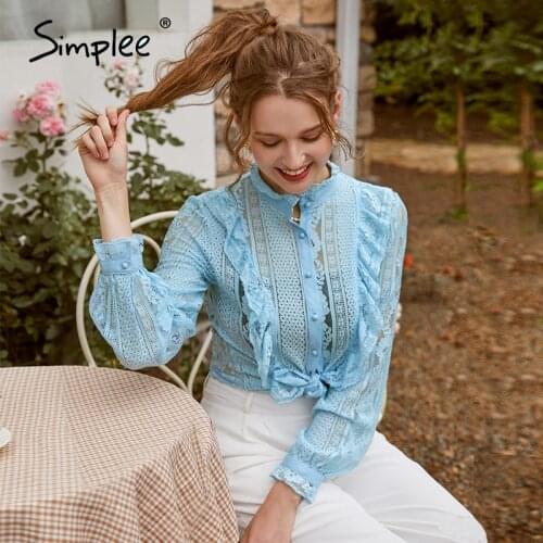 Simplee Sexy stand collar lace women blouse shirt Long sleeve hollow out ruffle female top blouse High street style ladies shirt