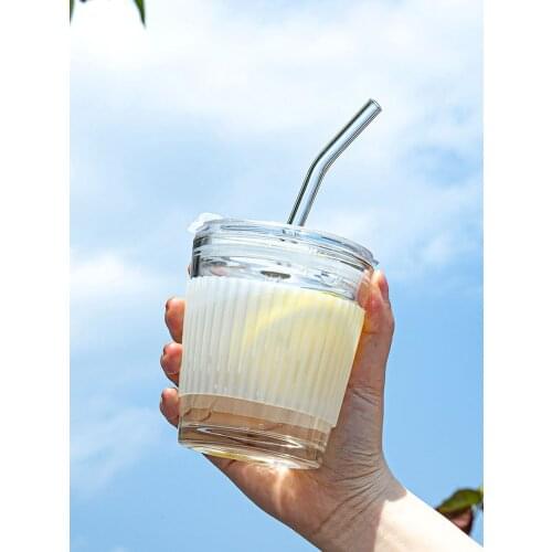 Glass Straw Cup Milk Coffee Cup with Lid Portable Female Accompanying Cup Milk Tea Cup Mug Water Cup