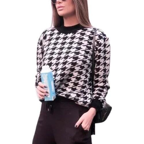 AECU Autumn Women Geometric Khaki Knitted Sweater Women Casual Houndstooth Lady Pullover Sweater Female Winter Retro Jumper
