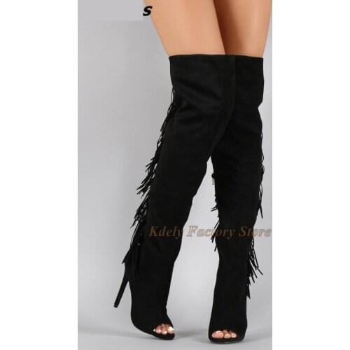 Suede Leather Luxury Over The Knee Long Boots Thin High Heel Shoes Women Gladiator Fashion Fringe Designer Boot Plus Size