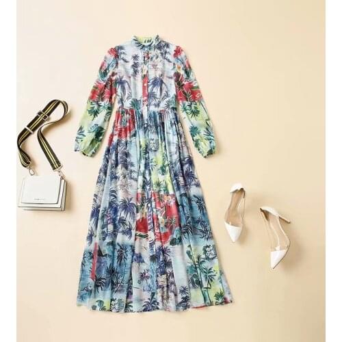 American European womens and wear 2021 autumn new style Seven point sleeve stand collar coconut palm printing Fashion dress