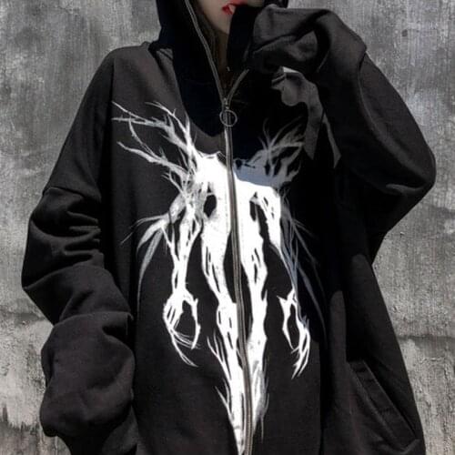 Printed Hoodie Women Gothic Punk Black Zipper Jacket Coat Harajuku Oversized Hooded Sweatshirts Emo Alt Clothing