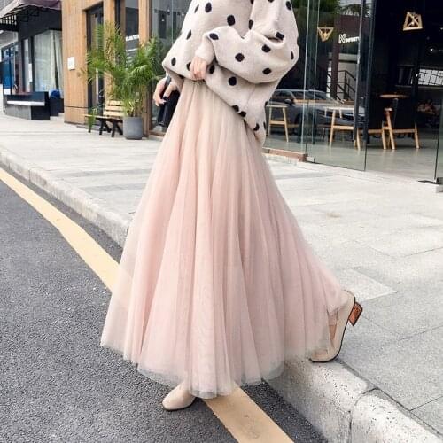 2021 Spring Summer Vintage Tulle Skirt Women Elastic High Waist Mesh Skirts Long Pleated Tutu Skirts Female