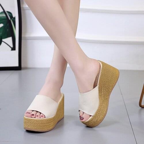Platform Wedge Slippers Open Toe Womens Mules with Heels 9CM Beach Slippers Women Summer Casual Leather Flip Flops Woman Socofy