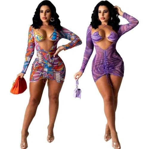 Zoctuo Print Club Dresses For Women Drawstring Ruched Bodycon Dress With Bra Two 2 Piece Set Fashion Summer Vestidos Full Sleeve