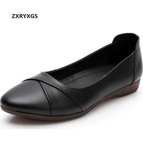 Promotion 2020 New Spring Women Black Shoes Soft Sole Comfortable Shoes Soft Genuine Leather Flat Shoes Women Shoes Large Size