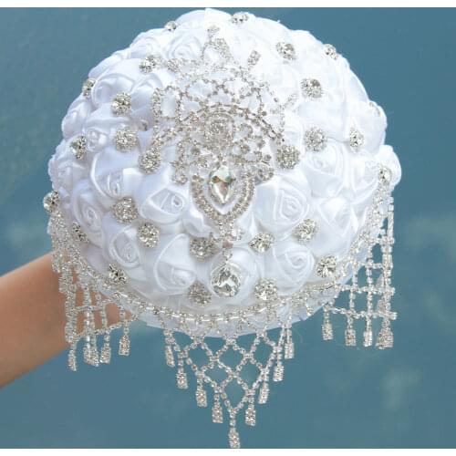 White Wedding Bouquets Crystal Beaded Bridesmaid Holder Rose Flower 2021