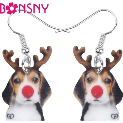 Bonsny Acrylic Christmas Antlers Beagle Dog Earrings Drop Dangle Decoration Jewelry For Women Girl Teen kid Party Gift Accessory