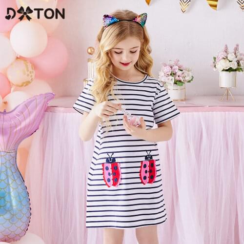 DXTON Children Stripe Girls Dress Cotton Baby Clothes Short Sleeve Summer Kids Dress Animal Appliqued Girl Casual Dress Costume