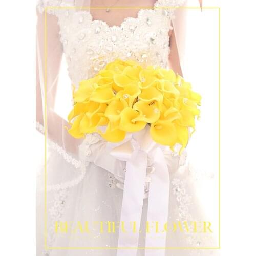 Romantic Wedding Bridal Bouquet Yellow PU Calla Lily Flower Artificial Flowers Handmade Wedding Floral Home Table Flowers