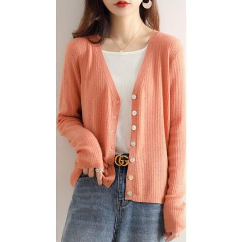 Spring Autumn New Fine Imitation Superfine Wool Knitted Cardigan Womens Thin Loose Coat V-Neck Vertical Striped All-Match Top