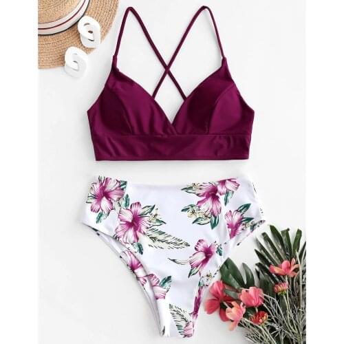 2pcs Women Bikini Set Cross Back Bandage Push-Up Top High Waist Thong Flower Swimsuits Plus Size Swimwear Sexy Beachwear 2021